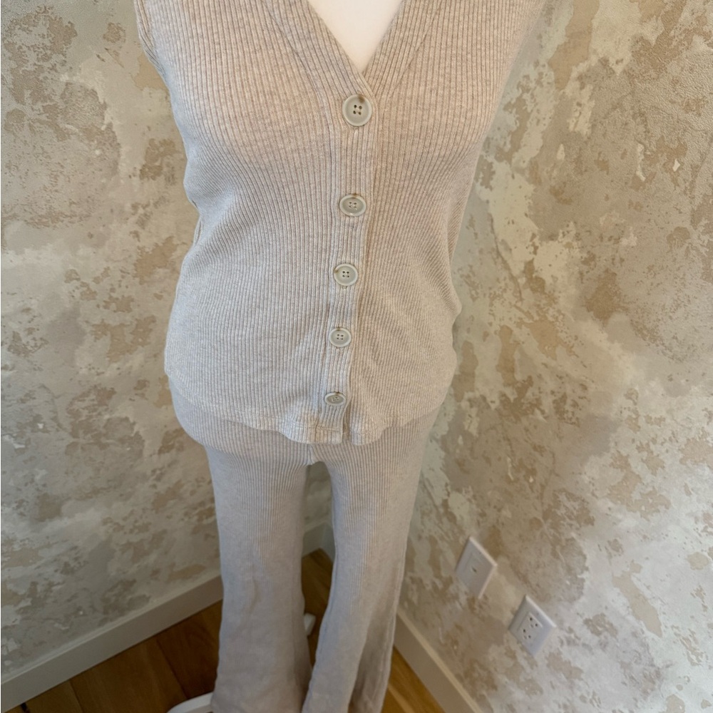 Madewell Cream Ribbed Button-Up Cardigan and Pants Set